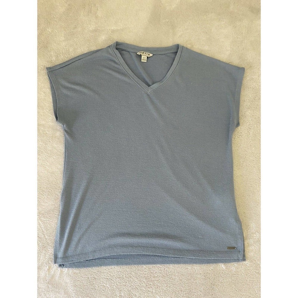 Orvis women size S stretch short sleeve V-neck solid blue sky tunic knit top